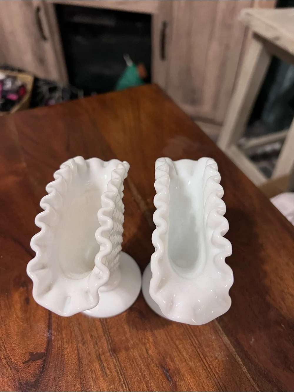 Vintage Fenton Milk Glass Hobnail Fan Vases Ruffled Pair